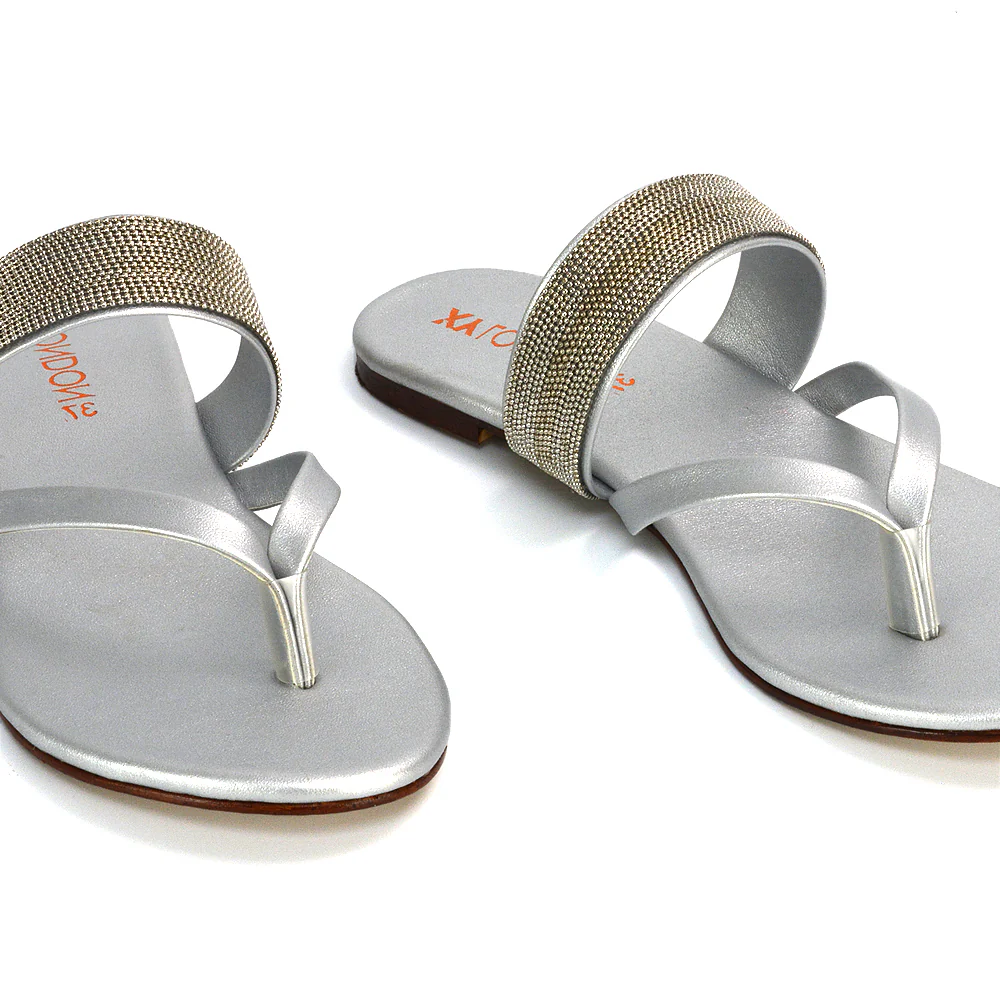 Karis Flat Strappy Toe Post Slip on Flip Flop Slides Diamante Sandals in Black - Image 40