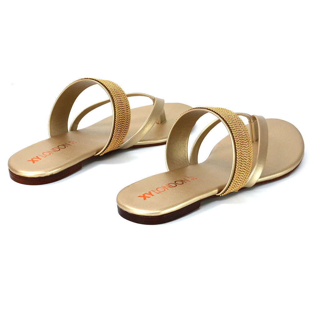Karis Flat Strappy Toe Post Slip on Flip Flop Slides Diamante Sandals in Black - Image 88