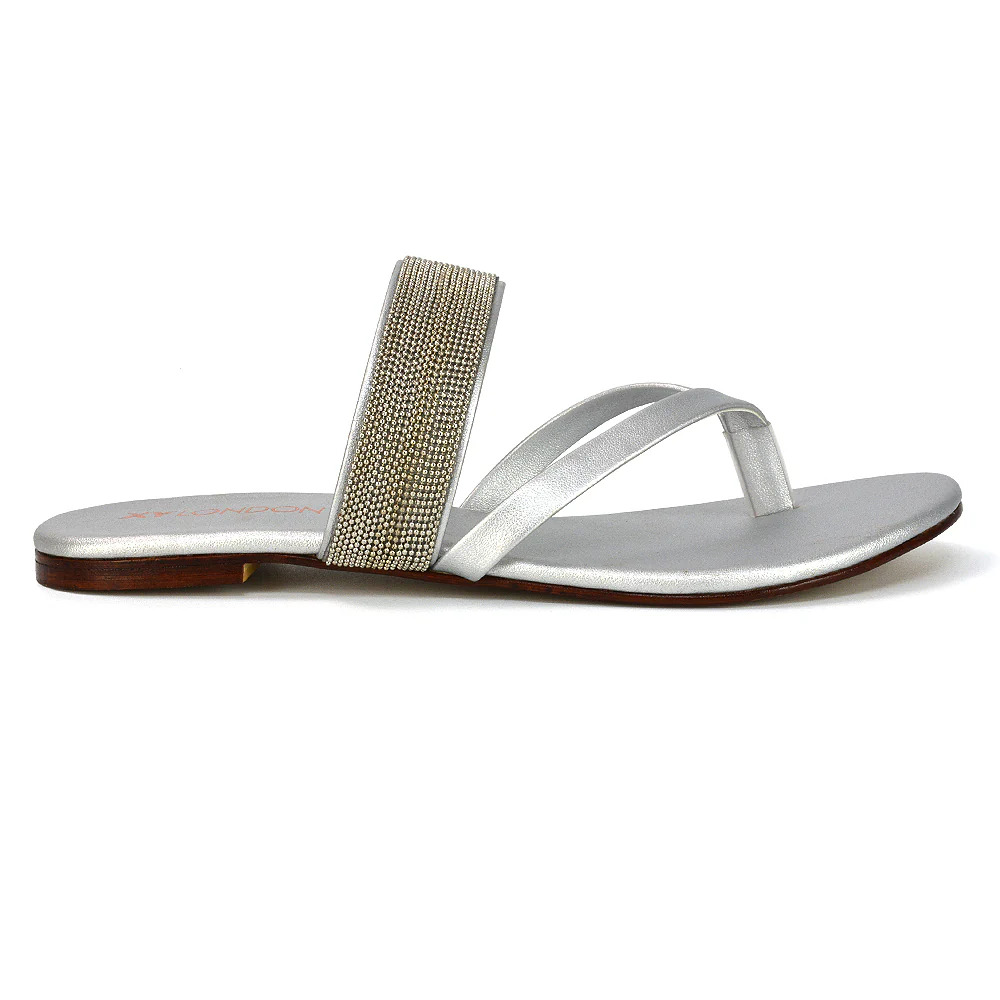 Karis Flat Strappy Toe Post Slip on Flip Flop Slides Diamante Sandals in Gold - Image 27