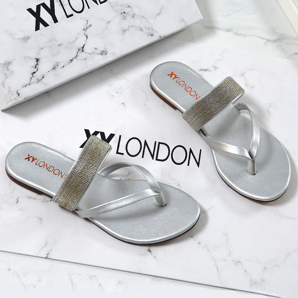 Karis Flat Strappy Toe Post Slip on Flip Flop Slides Diamante Sandals in Gold - Image 36