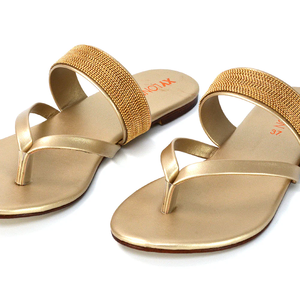Karis Flat Strappy Toe Post Slip on Flip Flop Slides Diamante Sandals in Gold - Image 59