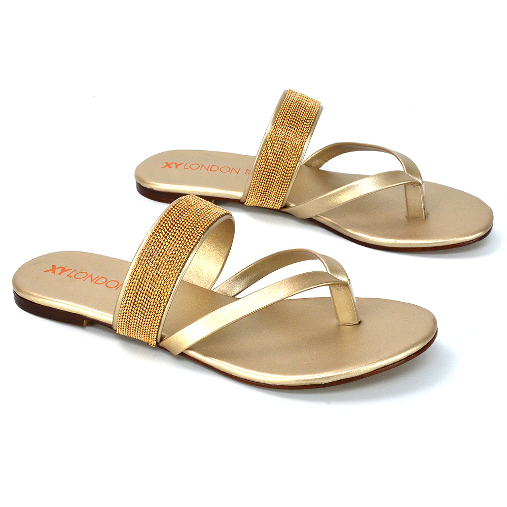 Karis Flat Strappy Toe Post Slip on Flip Flop Slides Diamante Sandals in Gold - Image 73