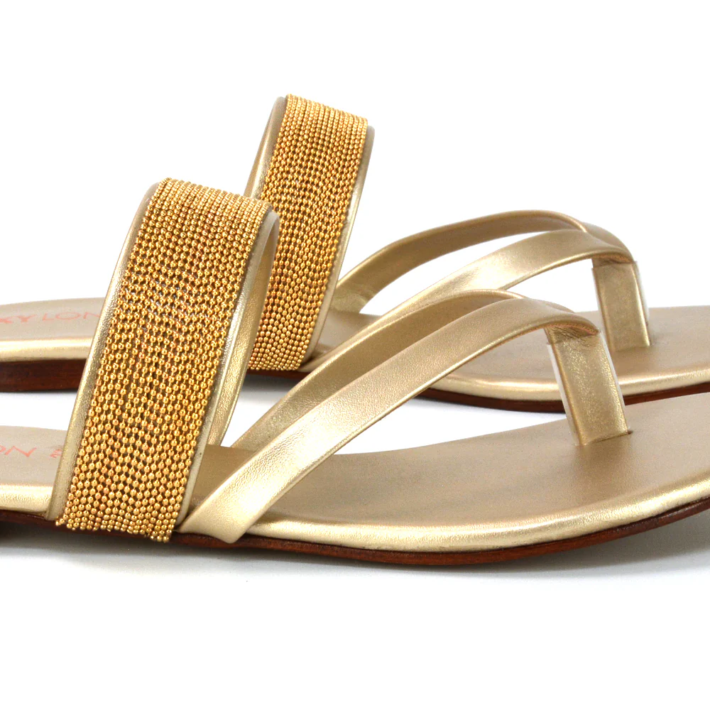 Karis Flat Strappy Toe Post Slip on Flip Flop Slides Diamante Sandals in Gold - Image 86