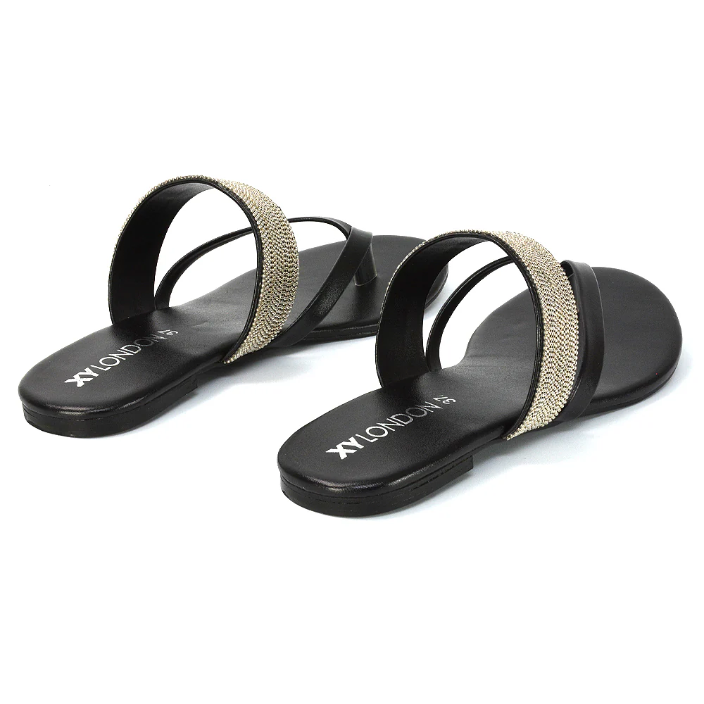 Karis Flat Strappy Toe Post Slip on Flip Flop Slides Diamante Sandals in Gold - Image 91