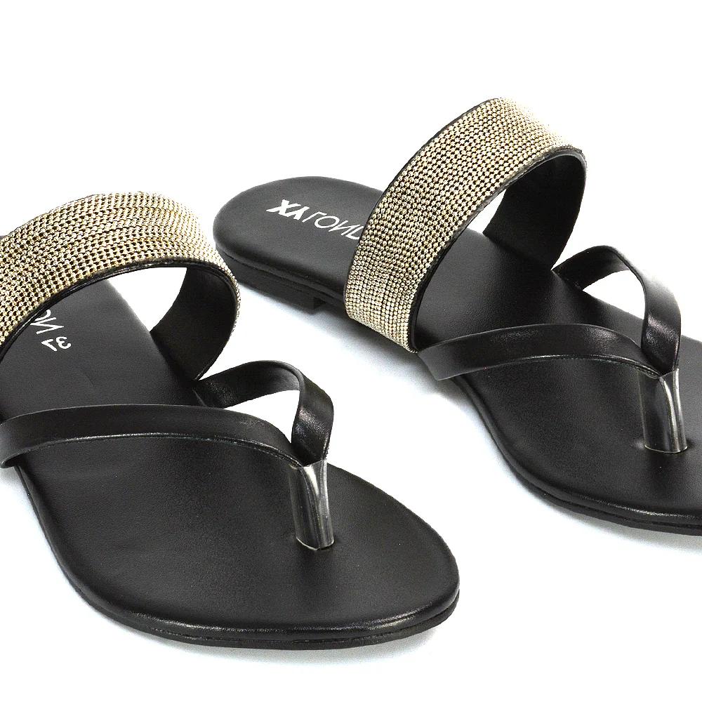 Karis Flat Strappy Toe Post Slip on Flip Flop Slides Diamante Sandals in Gold - Image 94