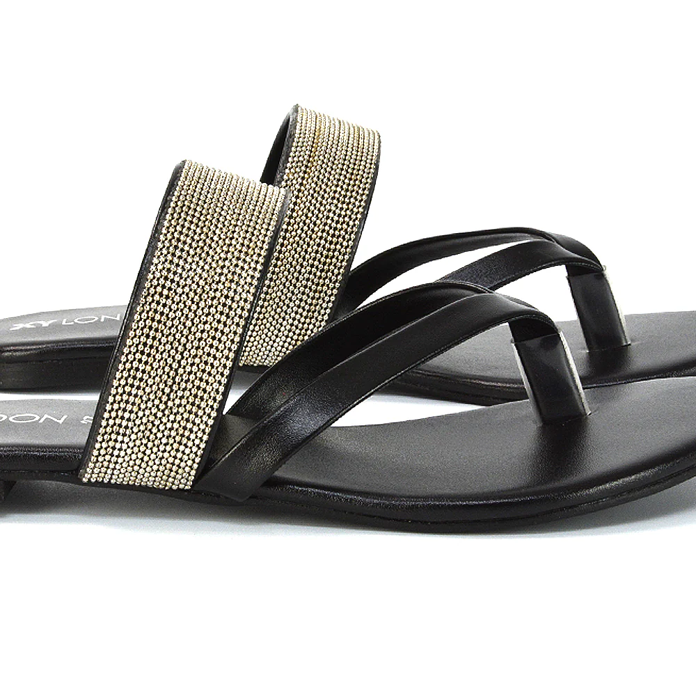 Karis Womens Flat Strappy Diamante Toe Post Flip Flop Sandals in Silver - Image 117
