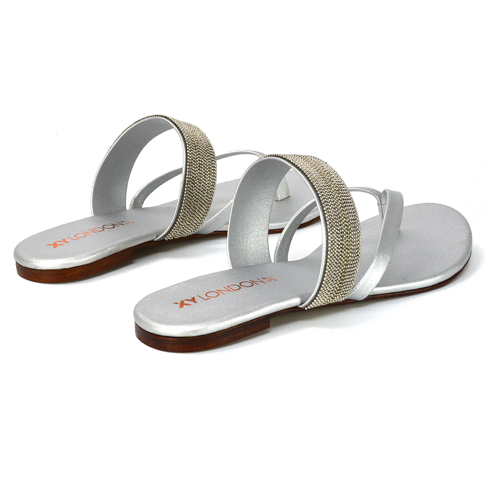 Karis Womens Flat Strappy Diamante Toe Post Flip Flop Sandals in Silver - Image 31