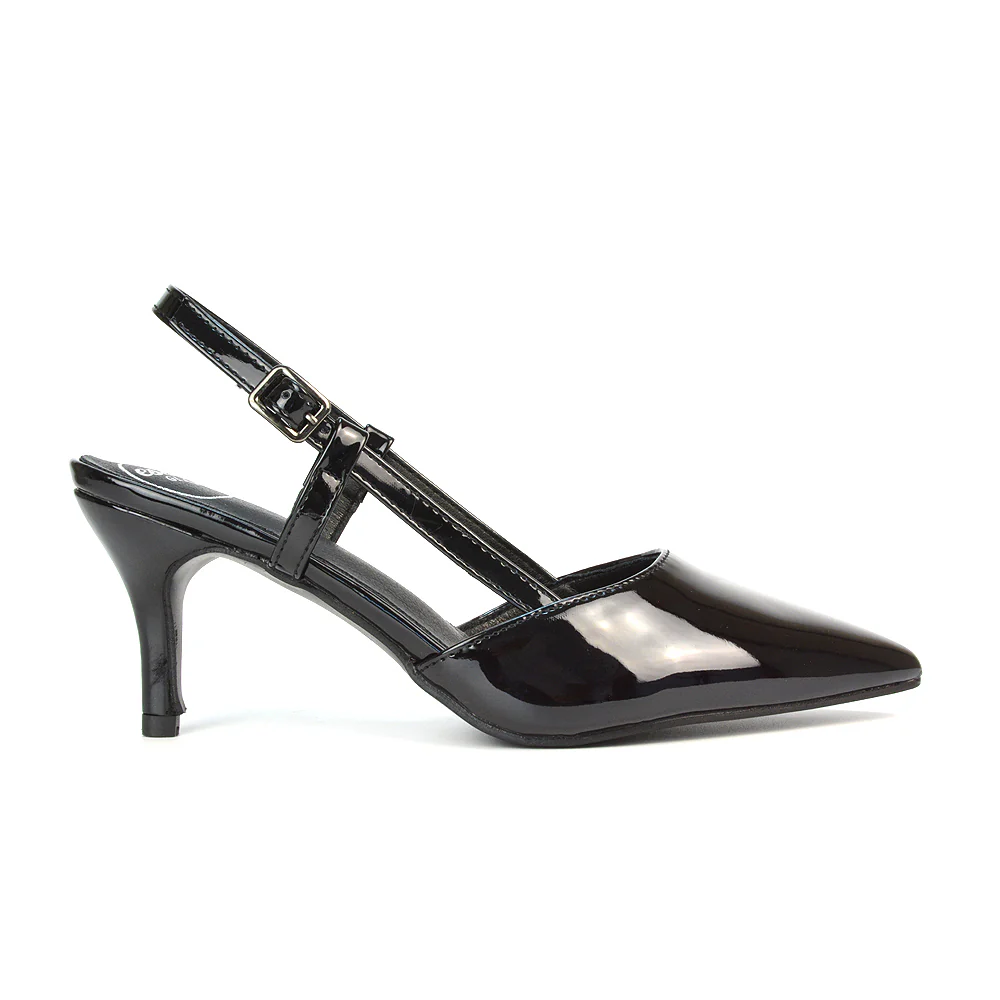 Karla Mid Heel Stilettos Pointed Toe Slingback Court Shoes in Black Patent - Image 2