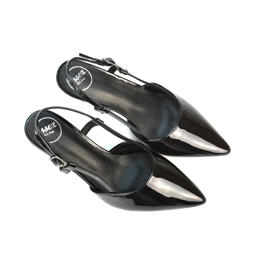 Karla Mid Heel Stilettos Pointed Toe Slingback Court Shoes in Black Patent - Image 5