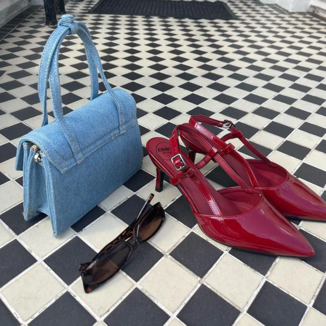Karla Mid Heel Stilettos Pointed Toe Slingback Court Shoes in Cherry Red Patent - Image 4