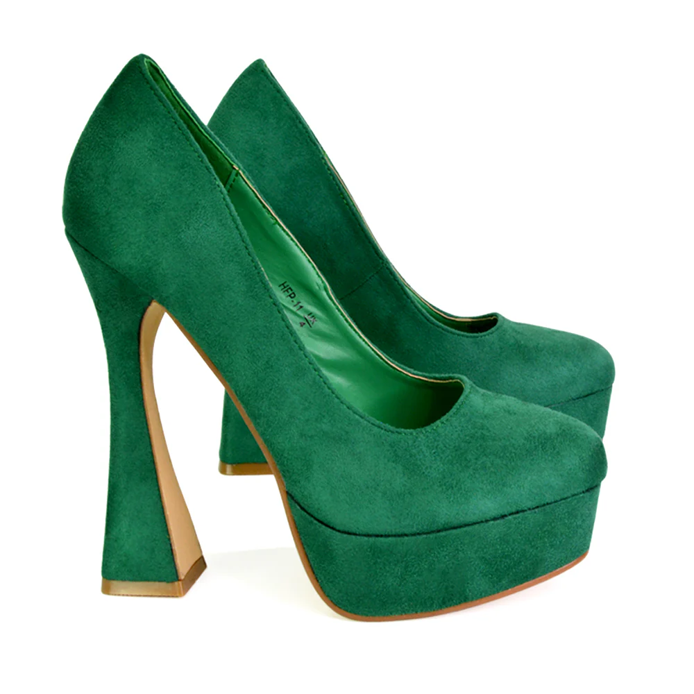 Karlie Flared Curved Stiletto Platform High Heel Court Shoes in Black - Image 35