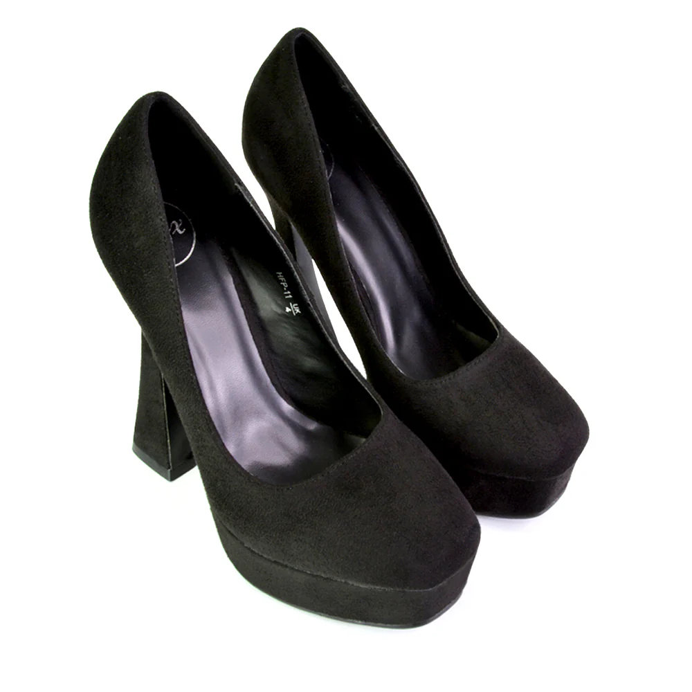 Karlie Flared Curved Stiletto Platform High Heel Court Shoes in Black - Image 79