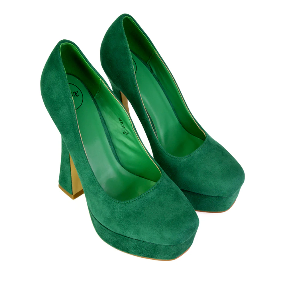 Karlie Flared Curved Stiletto Platform High Heel Court Shoes in Green - Image 34