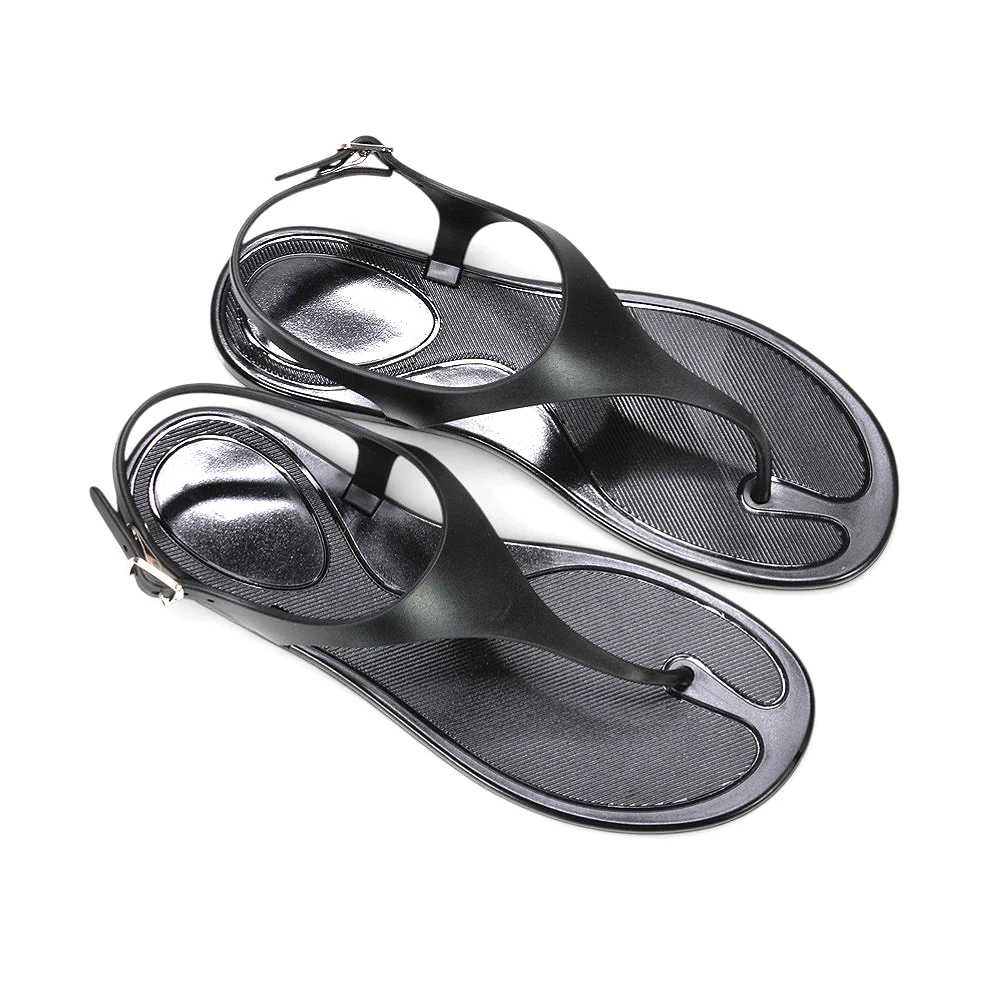 Kaylee Jelly T-Bar Strappy Flat Jelly Sandals With Toe Post in Black - Image 2