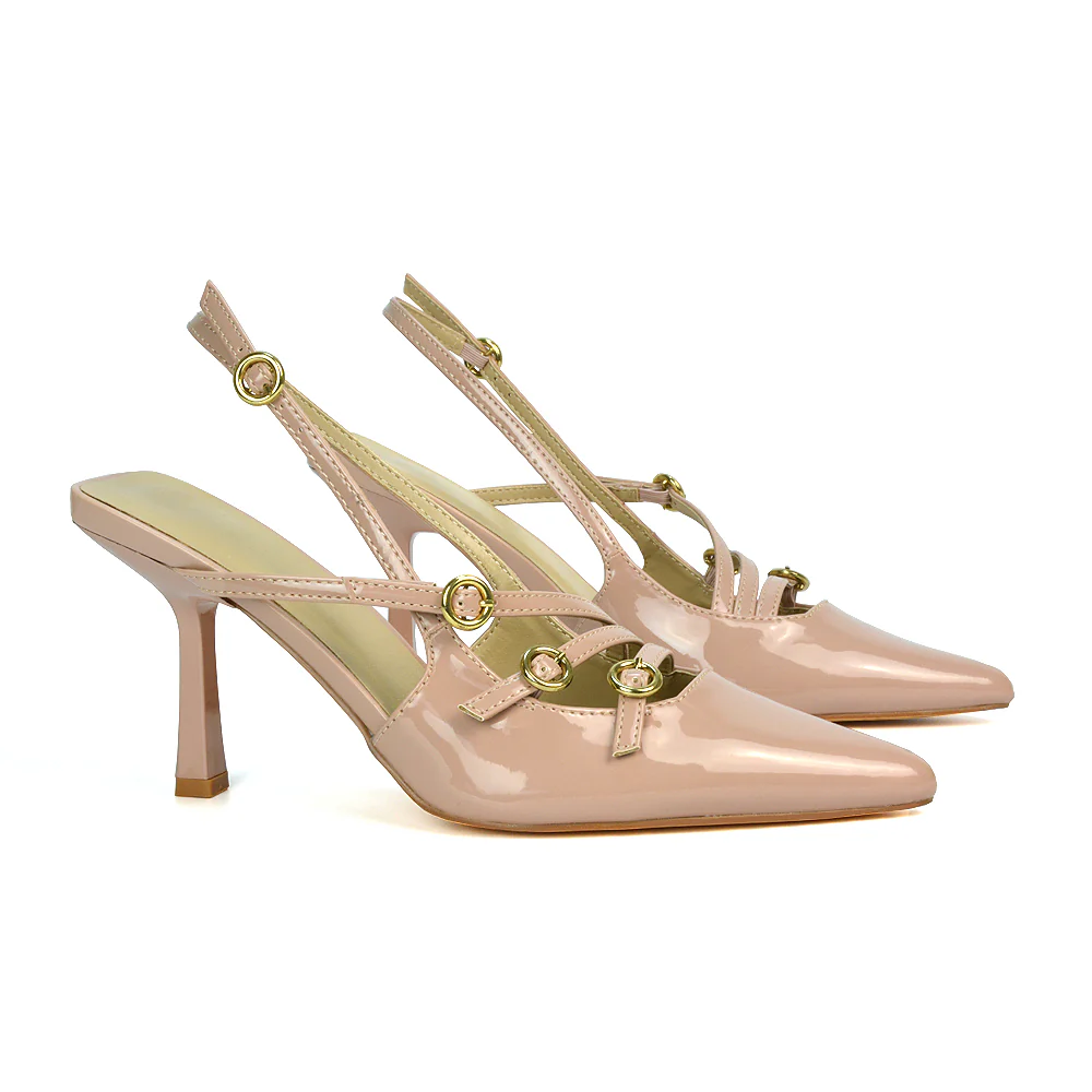 Kaylin Slingback Pointed Toe Stiletto High Heel Court Shoes in Nude Patent - Image 4