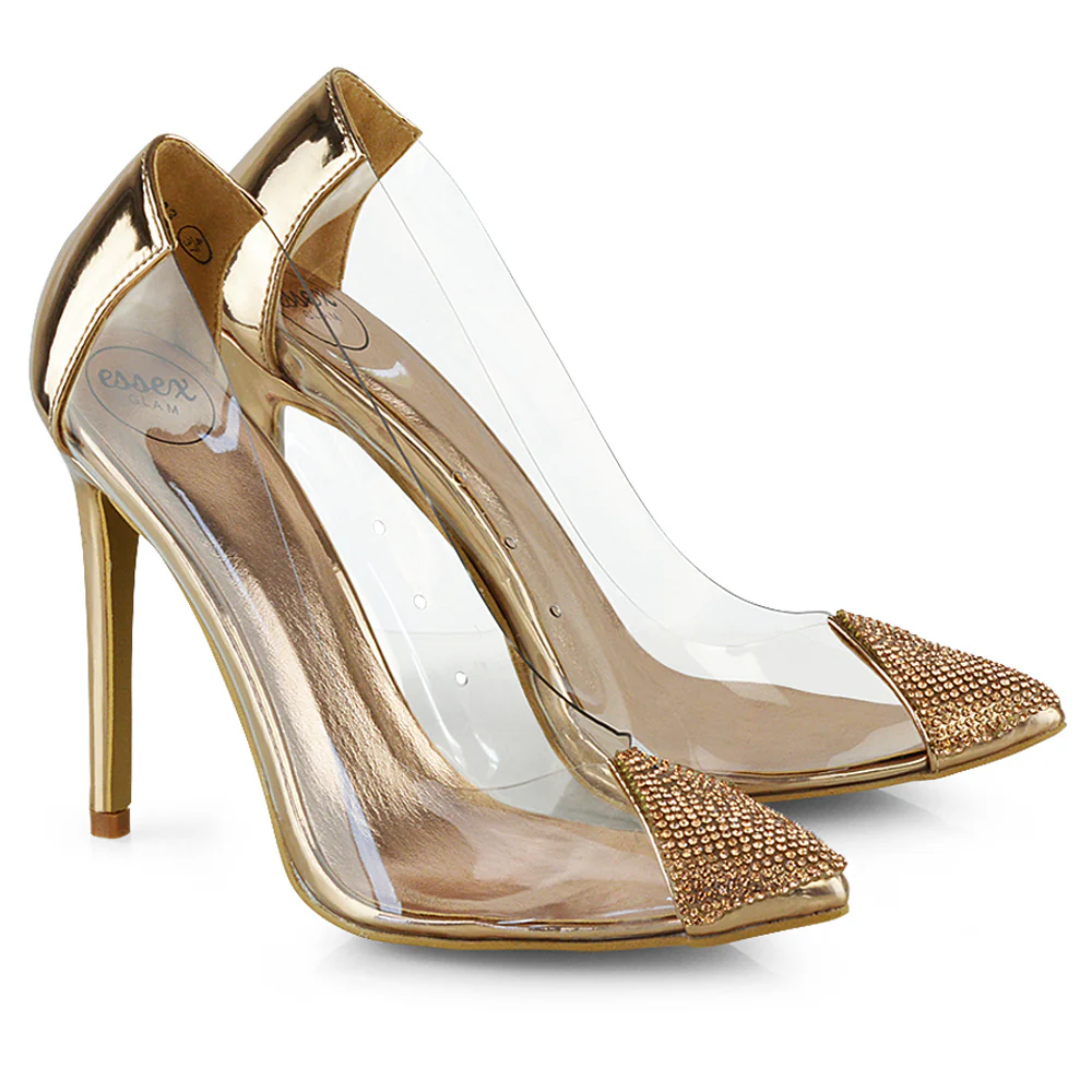 Kaz Diamante Detail Pointed Toe Perspex Stiletto Court Heel Sandals in Rose Gold - Image 3