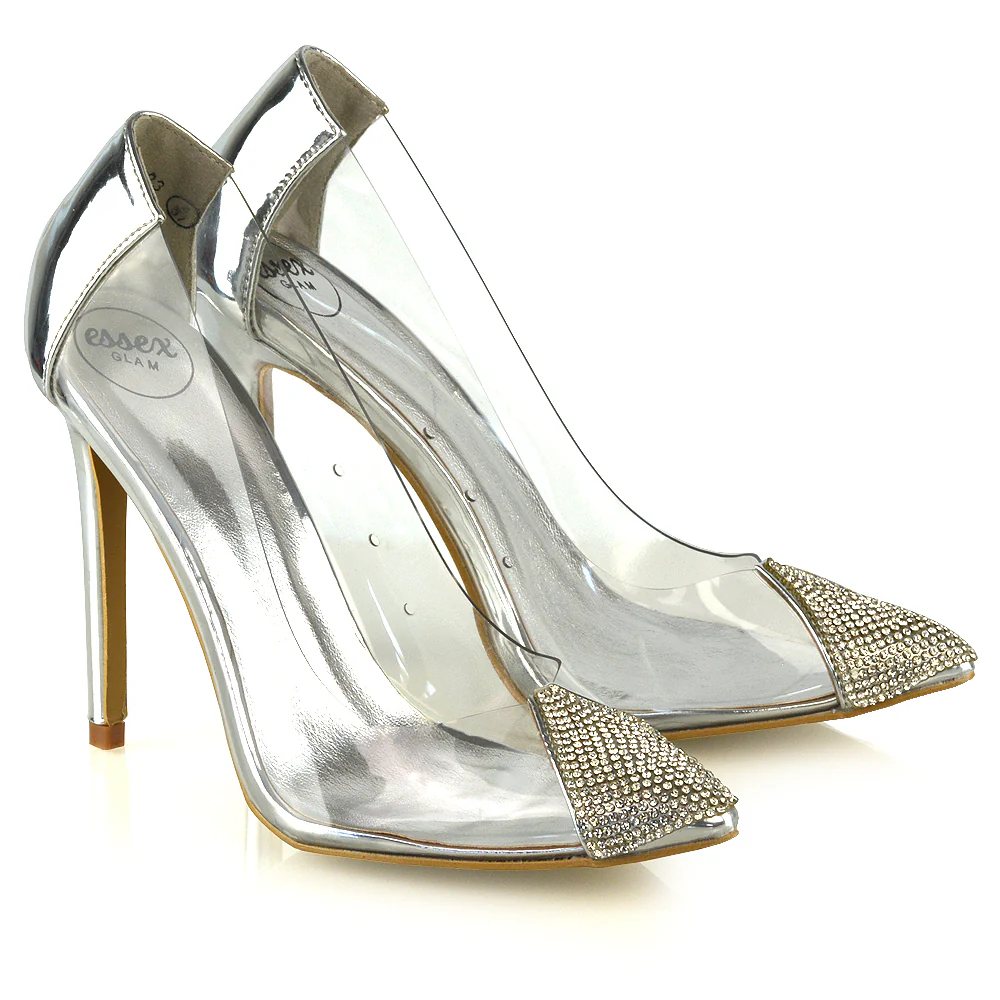 Kaz Diamante Detail Pointed Toe Perspex Stiletto Court Heel Sandals in Silver - Image 3