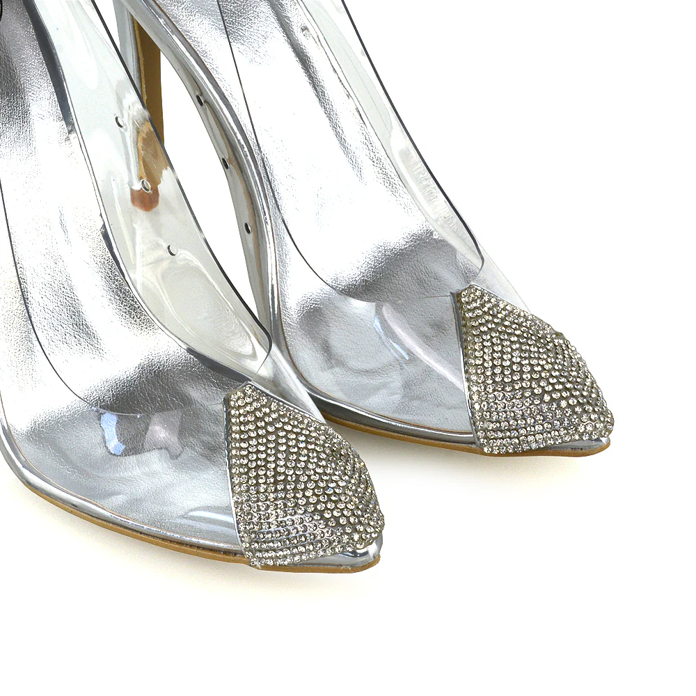 Kaz Diamante Detail Pointed Toe Perspex Stiletto Court Heel Sandals in Silver - Image 4