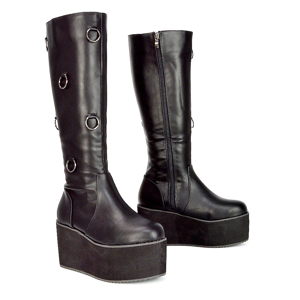Keegan Goth Boots Chunky Platform Mid Calf Knee High Vegan Friendly In Black Synthetic Leather - Image 12