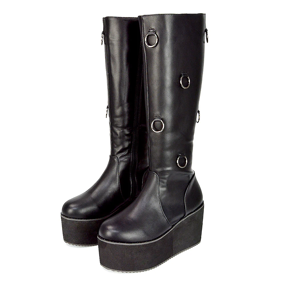 Keegan Goth Boots Chunky Platform Mid Calf Knee High Vegan Friendly In Black Synthetic Leather - Image 13