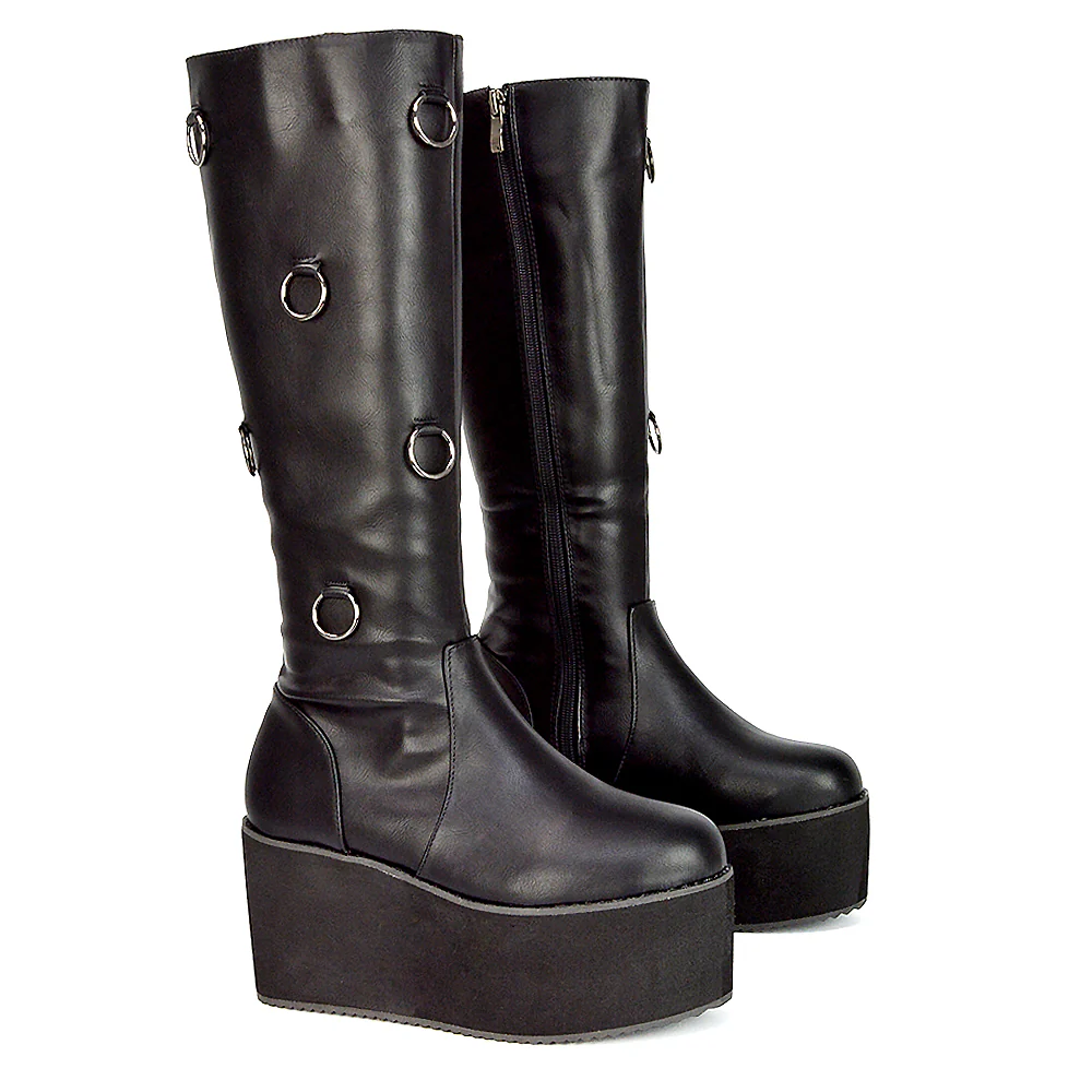 Keegan Goth Boots Chunky Platform Mid Calf Knee High Vegan Friendly In Black Synthetic Leather - Image 26
