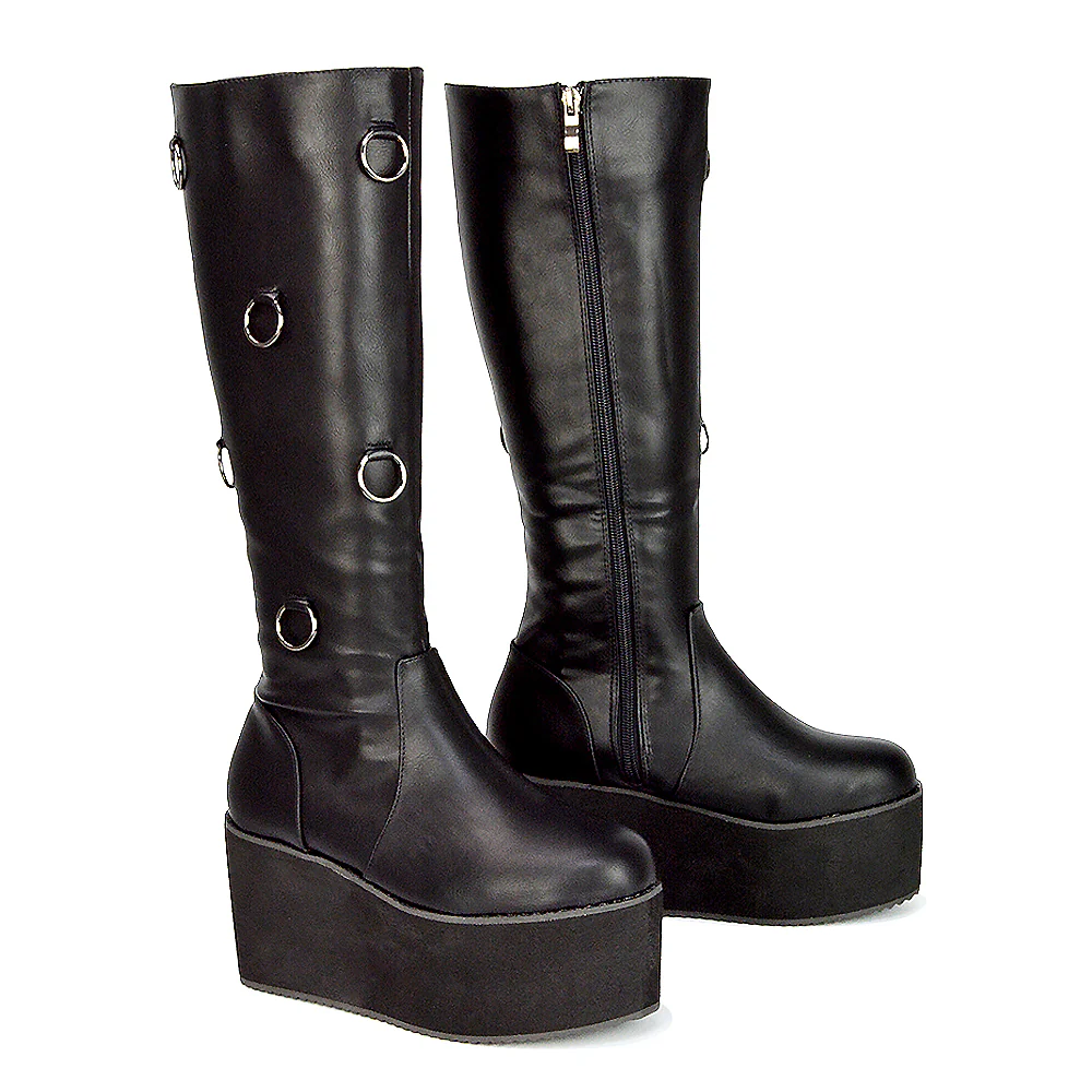 Keegan Goth Boots Chunky Platform Mid Calf Knee High Vegan Friendly In Black Synthetic Leather - Image 39