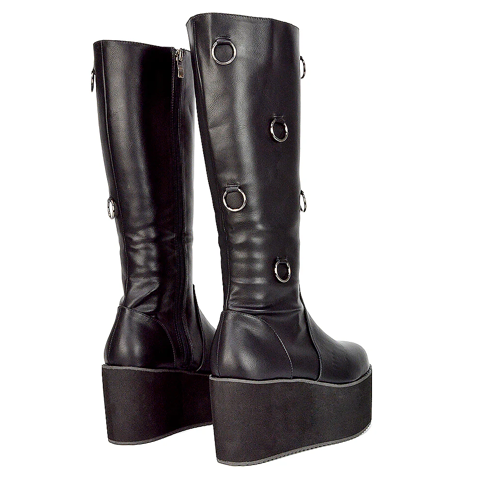 Keegan Goth Boots Chunky Platform Mid Calf Knee High Vegan Friendly In Black Synthetic Leather - Image 40