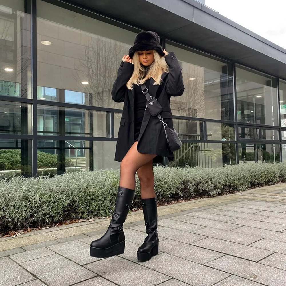 Keegan Goth Boots Chunky Platform Mid Calf Knee High Vegan Friendly In Black Synthetic Leather - Image 7