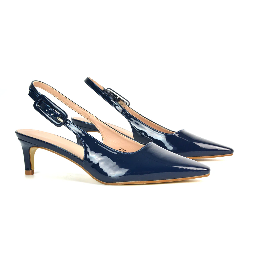 Kelly Low Kitten Heel Slingback Pointed Toe Court Shoes in Brown Patent - Image 8