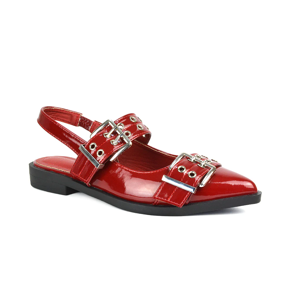 Kendall Buckle Mary Jane Ballet Pumps With Slingback Strap in Red Patent - Image 3