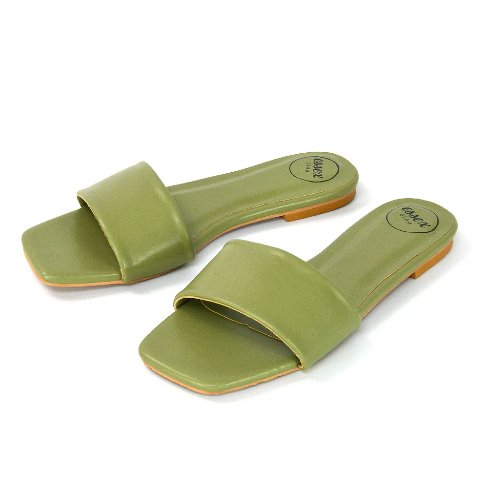 Kenna Flat Mule Strappy Square Toe Sandal Sliders in Black Synthetic Leather - Image 9