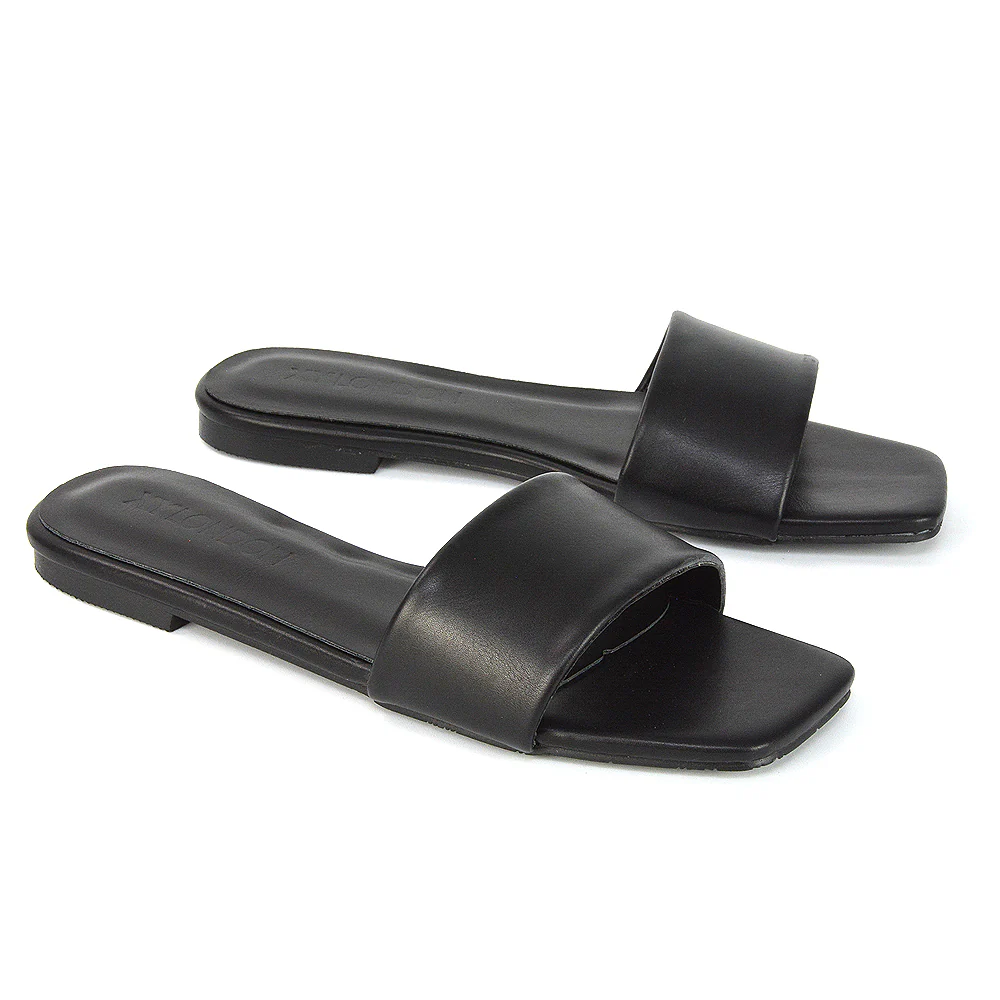 Kenna Flat Mule Strappy Square Toe Sandal Sliders For Summer in Nude Synthetic Leather - Image 9