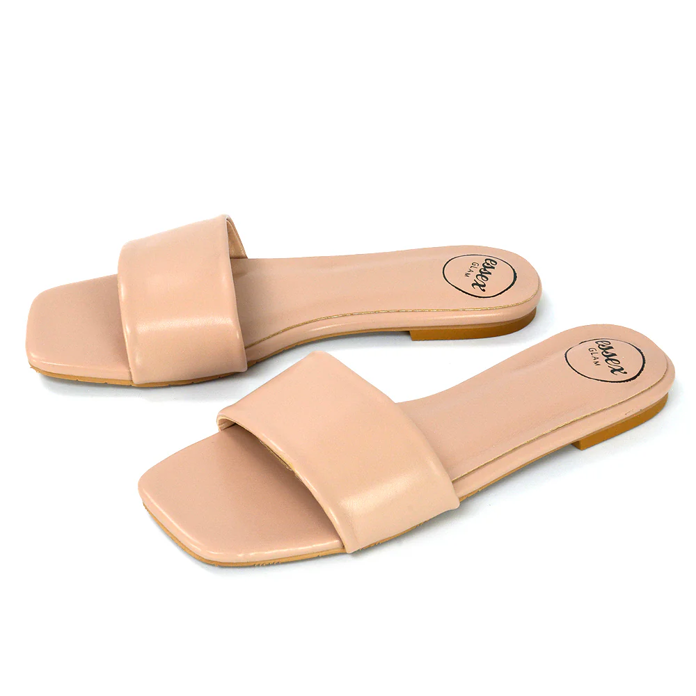 Kenna Flat Mule Strappy Square Toe Sandal Sliders in White Synthetic Leather - Image 21