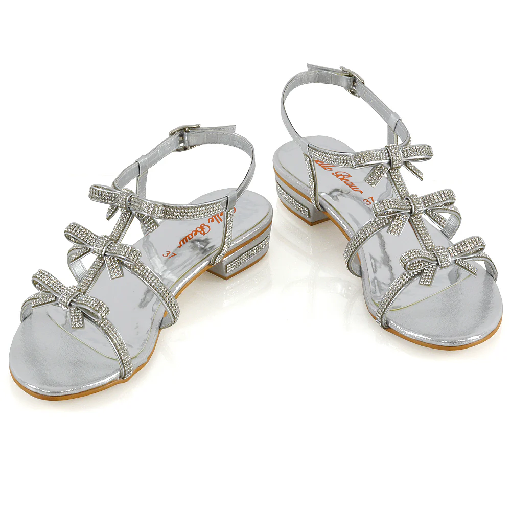 KENZIE LOW BLOCK HEEL BOW DETAIL SPARKLY DIAMANTE ANKLE STRAP FLAT SANDALS IN SILVER - Image 4