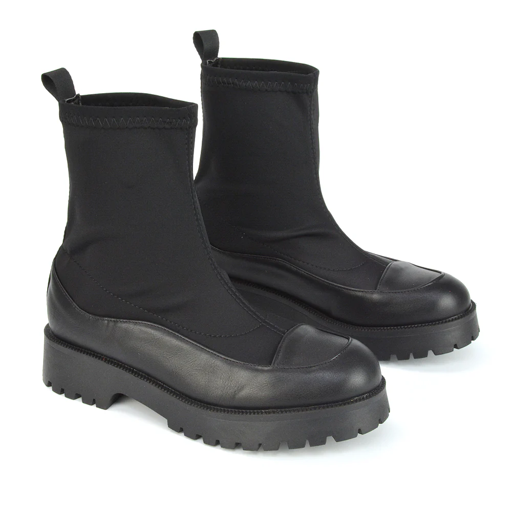 Kerry Chunky Sock Boots Ankle High Flat Biker Booties In Black Patent - Image 21