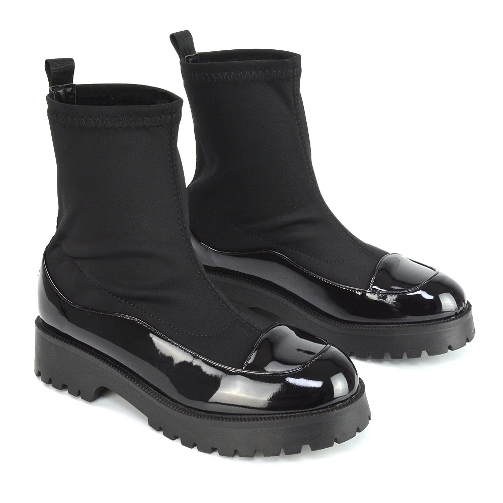 Kerry Chunky Sock Boots Ankle High Flat Biker Booties In Black Patent - Image 61