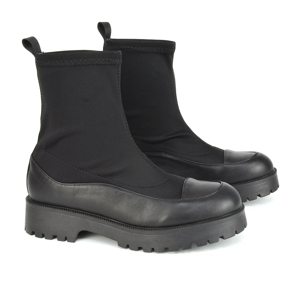 Kerry Chunky Sock Boots Ankle High Flat Biker Booties In Black Synthetic Leather - Image 15