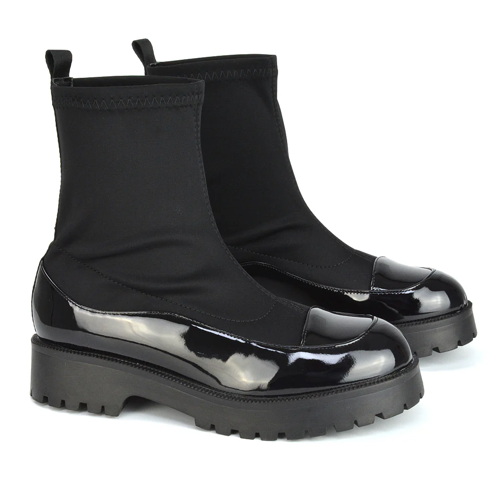 Kerry Chunky Sock Boots Ankle High Flat Biker Booties In Black Synthetic Leather - Image 50