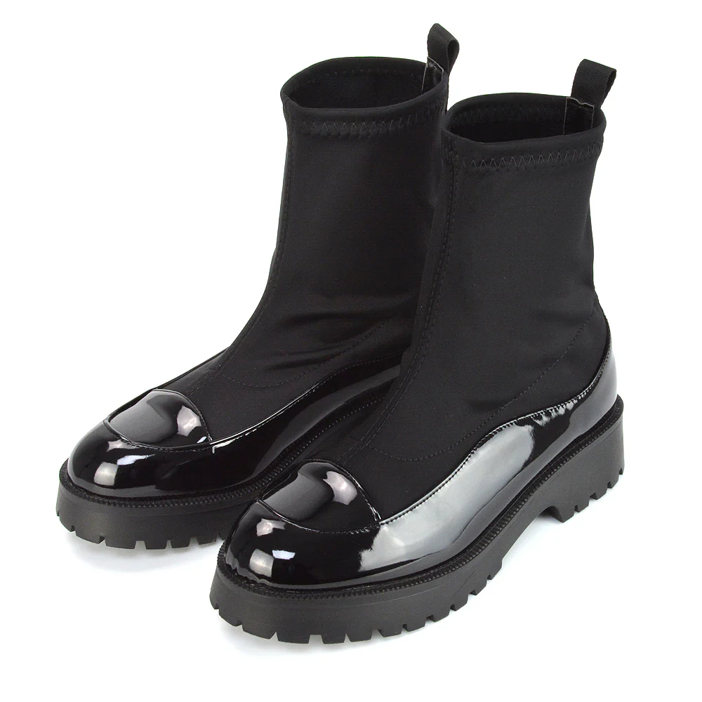 Kerry Chunky Sock Boots Ankle High Flat Biker Booties In Black Synthetic Leather - Image 51