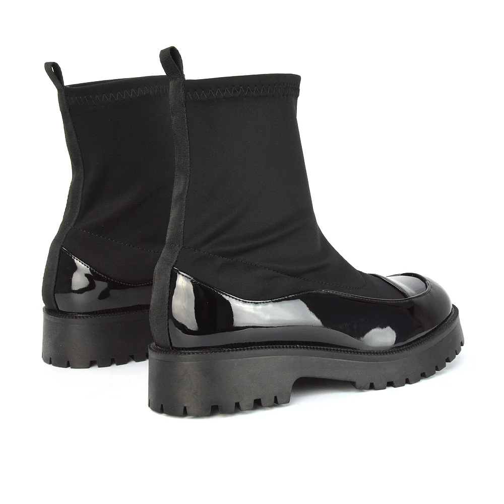 Kerry Chunky Sock Boots Ankle High Flat Biker Booties In Black Synthetic Leather - Image 53
