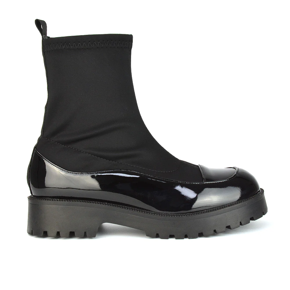 Kerry Chunky Sock Boots Ankle High Flat Biker Booties In Black Synthetic Leather - Image 64