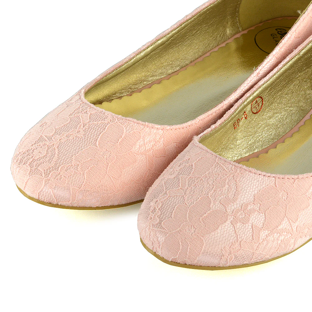 Keva Round Toe Lace Detail Slip on Wedding Flats Ballerina Bridal Pumps In Pink Satin - Image 3