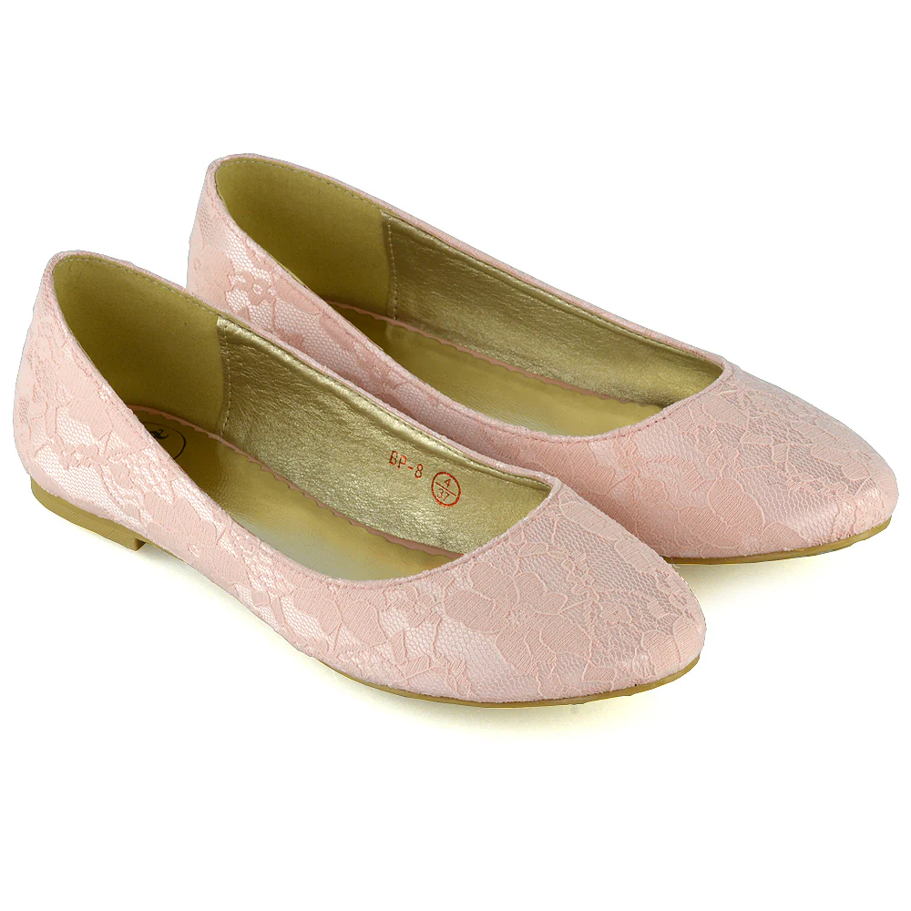 Keva Round Toe Lace Detail Slip on Wedding Flats Ballerina Bridal Pumps In Pink Satin - Image 4
