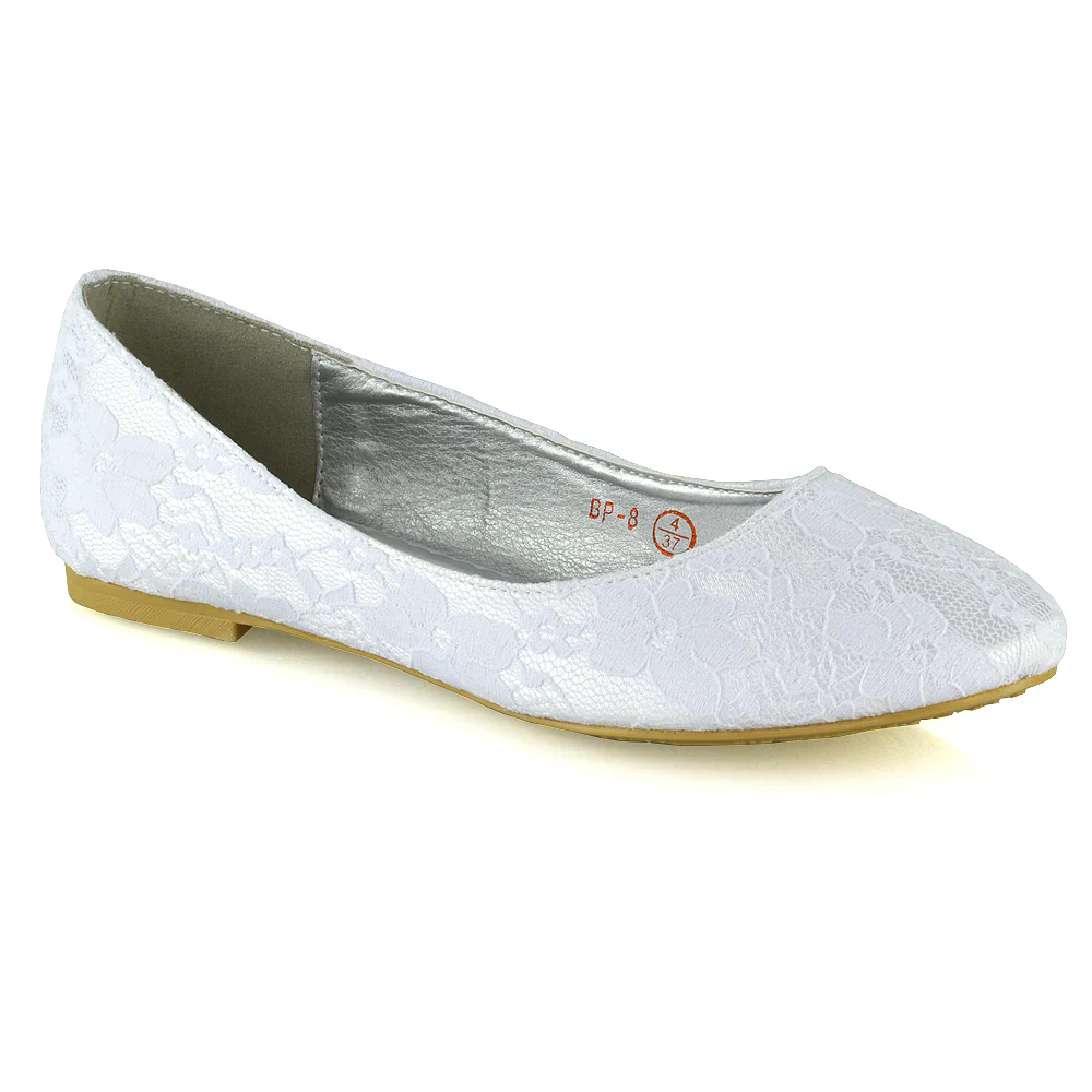 Keva Round Toe Lace Detail Slip on Wedding Flats Ballerina Bridal Pumps In Pink Satin - Image 9