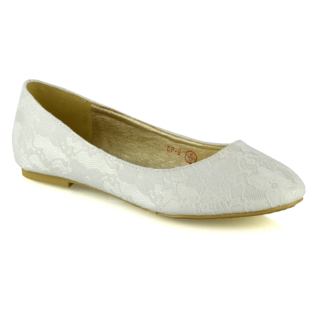 Keva Round Toe Lace Detail Slip on Wedding Flats Ballerina Bridal Pumps In White Satin - Image 24