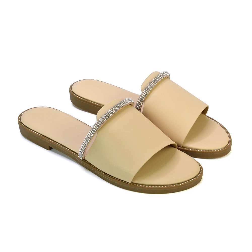 Khai Flat Sandal Summer Slip On Sliders With Diamante Rhinestone Strap in Black - Image 29