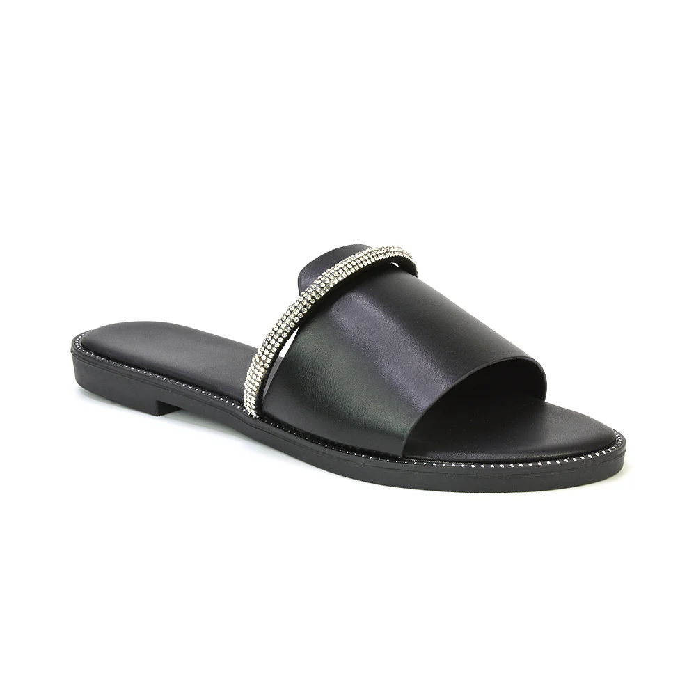 Khai Flat Sandal Summer Slip On Sliders With Diamante Rhinestone Strap in Black - Image 52