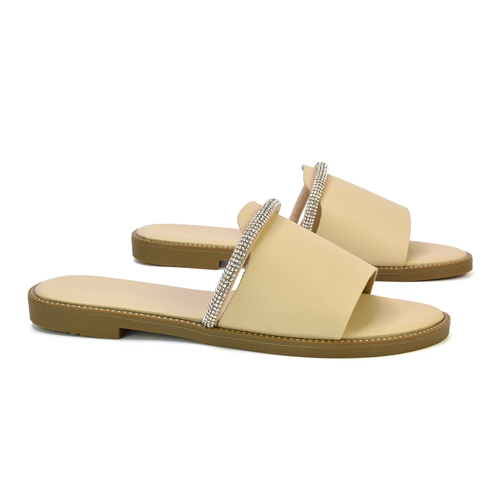 Khai Flat Sandal Summer Slip On Sliders With Diamante Rhinestone Strap in Nude - Image 15