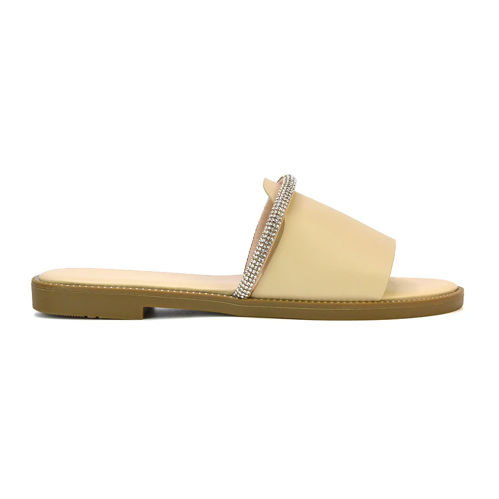 Khai Flat Sandal Summer Slip On Sliders With Diamante Rhinestone Strap in Nude - Image 28