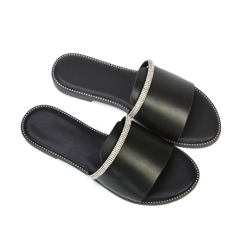 Khai Flat Sandal Summer Slip On Sliders With Diamante Rhinestone Strap in Nude - Image 46